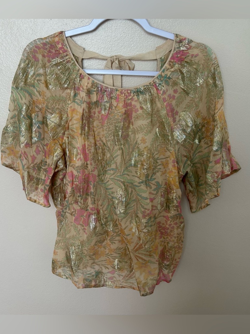 LOFT Ann Taylor Woven Floral Metallic Tie-Back Blouse Top